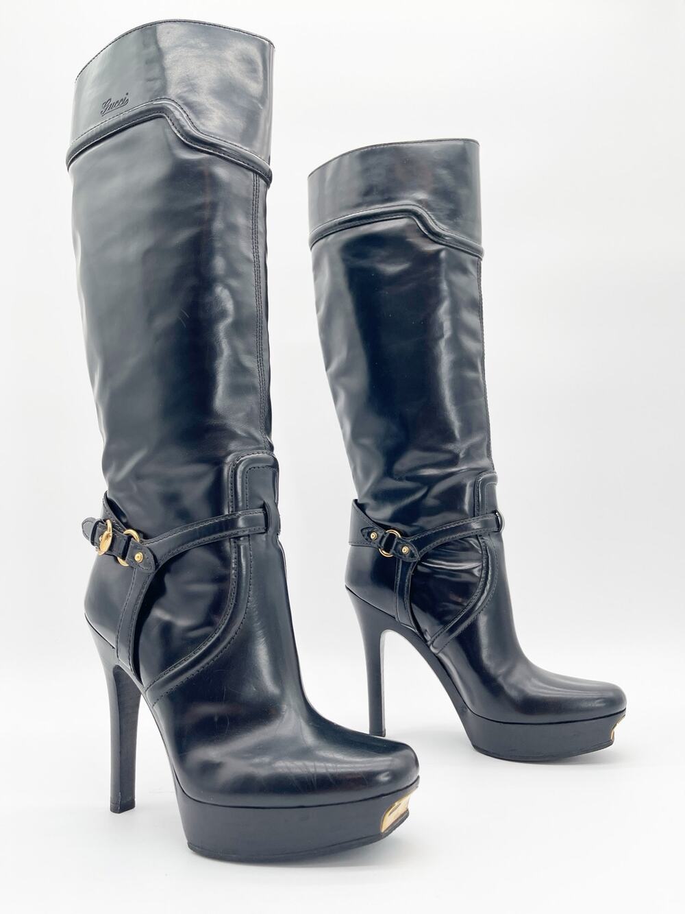 Gucci FW 2007 Runway Frida Giannini Dahlia Black Leather Platform Boots IT 38C